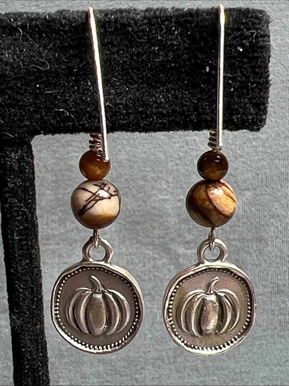Pumpkin charm sterling 925 dangle earrings Picasso Jasper & tiger eye gemstones